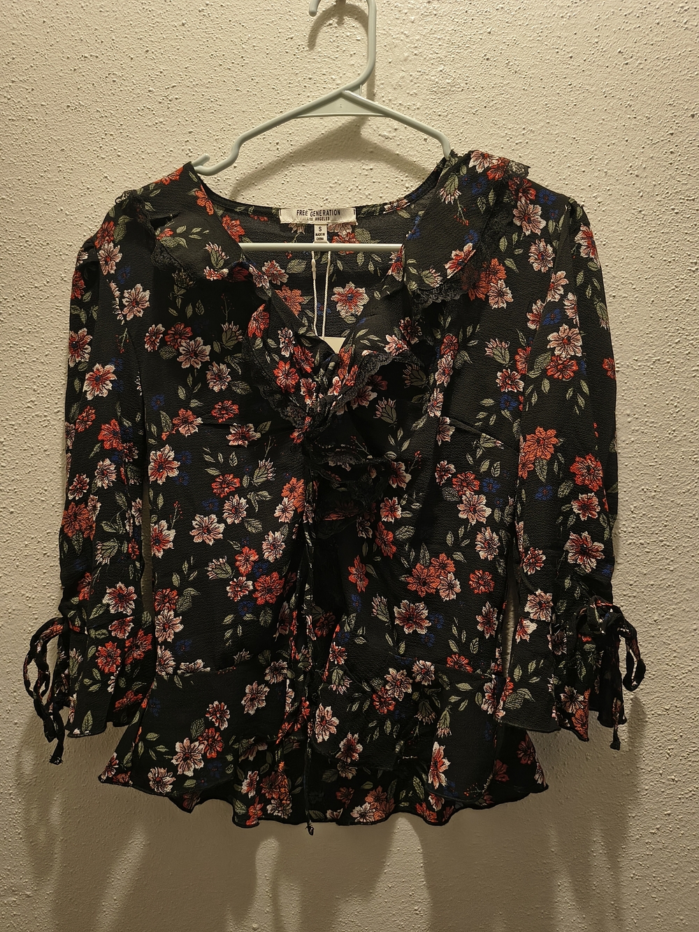 Ruffle Tie-Front Floral Blouse - Black with Red & Pink Flowers